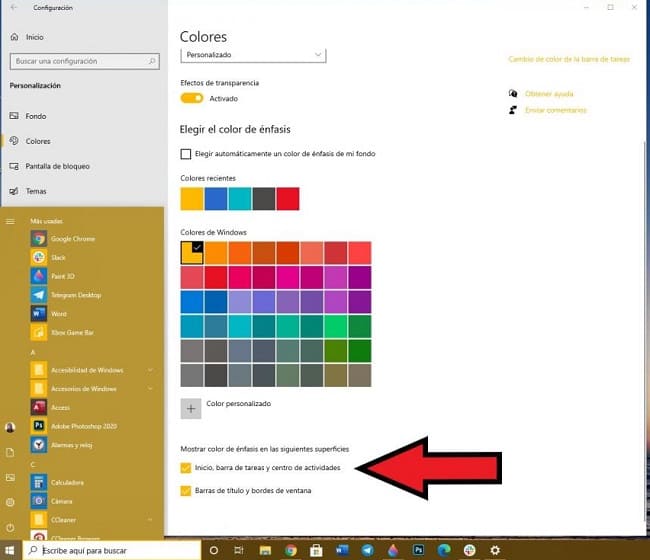 personalizando o menu iniciar do Windows 10 - alterando cores